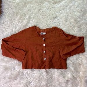 Flax 100% Linen Crop Button Front Long Sleeve Top